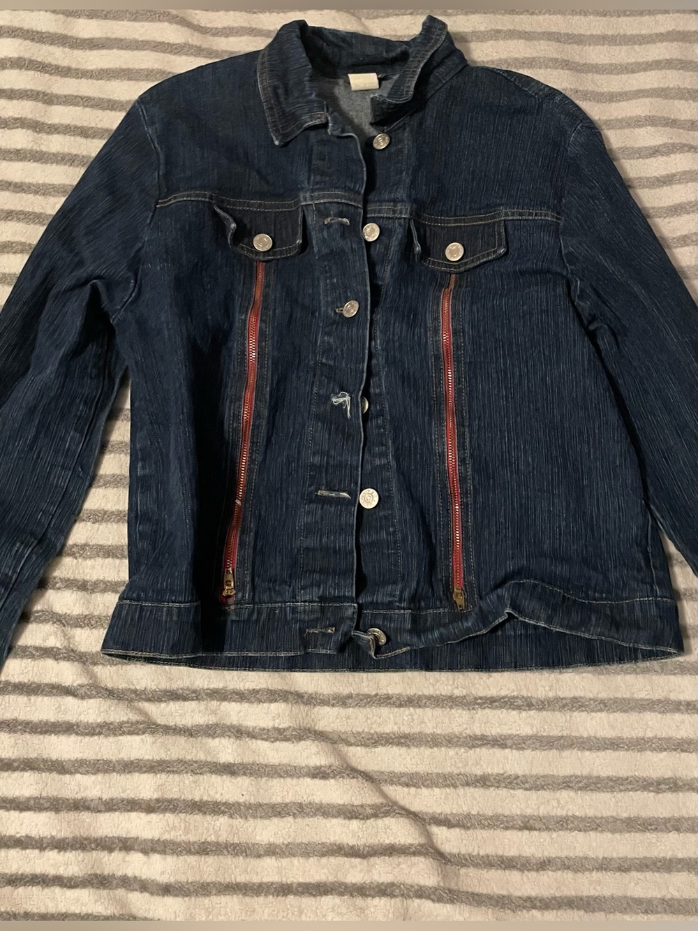Vintage DATING Dark Blue Denim Jacket with Red Zipper Details